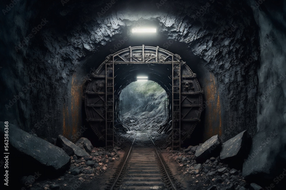 Fototapeta premium Abandoned coal mine, dark tunnel with trolley tracks. Generation AI
