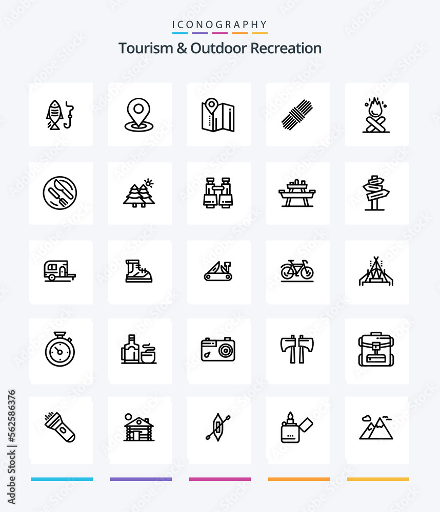 Creative Tourism And Outdoor Recreation 25 OutLine icon pack  Such As spoon. lunch. rope. fire. campfire