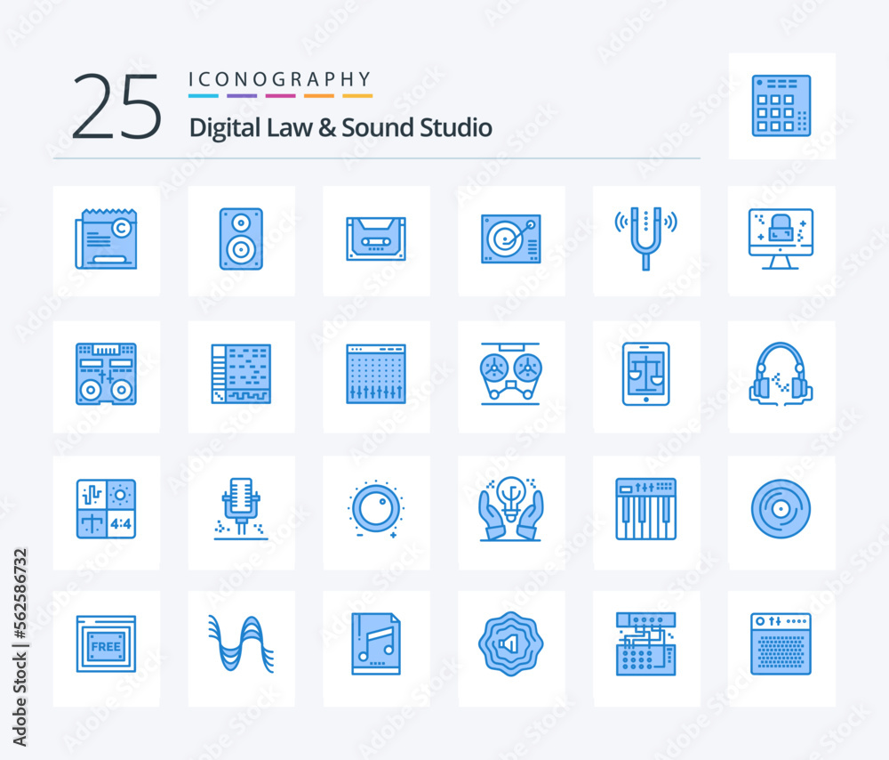 Digital Law And Sound Studio 25 Blue Color icon pack including phonograph. deck. monitor. deck. cassette