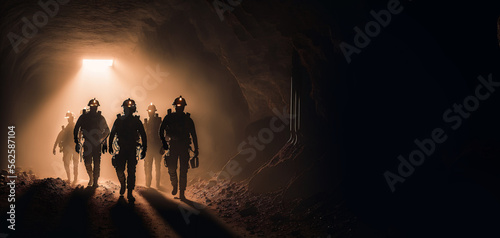 Banner mining working. Silhouette of Miners with headlamps entering underground coal mine. Generation AI photo