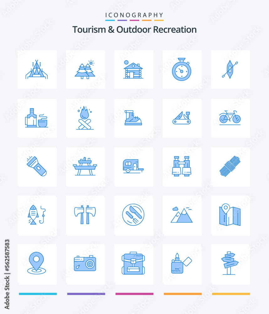 Creative Tourism And Outdoor Recreation 25 Blue icon pack  Such As kayak. boat. building. hotel. timer