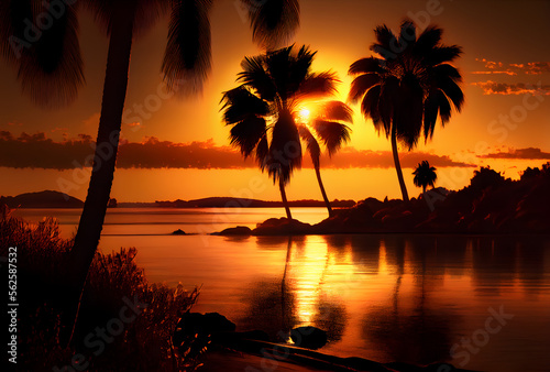 sunset over the sea with palm trees  generative ai