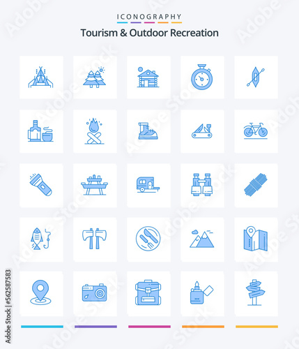 Creative Tourism And Outdoor Recreation 25 Blue icon pack Such As kayak. boat. building. hotel. timer