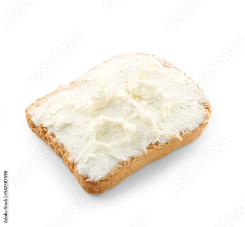 Toast with tasty cream cheese on white background