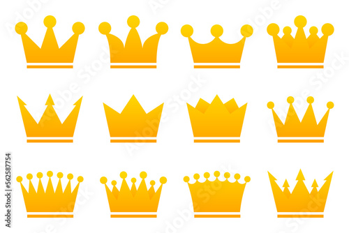 Crowns collection. Golden royal symbol of king queen and princess. Concept of crowning prince authority. Vector illustration.