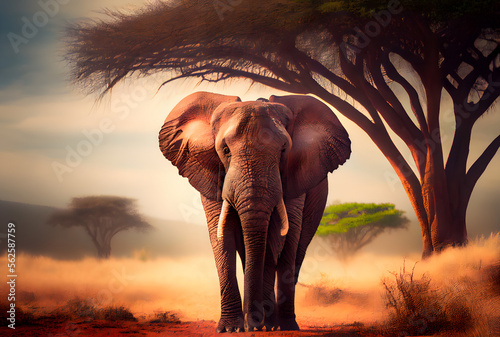 elephant at sunset on the savannah, generative ai