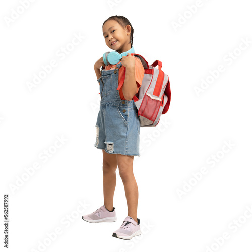 School girl, Happy Asian student school kid with backpack, Full body portrait isolate background 