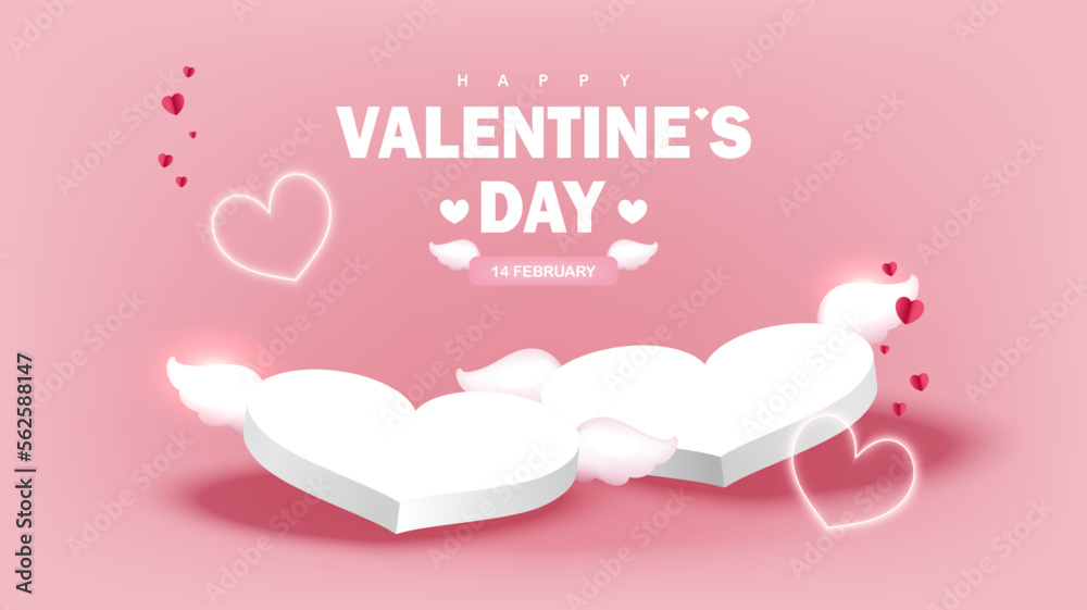 White pedestal design heart shapes with angel wings on Pink background. Vector illustration for Valentine's Day. Romantic cute background.