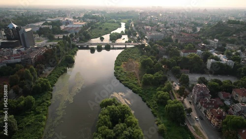 Aerial drone of Plovdiv Old town, Bulgaria with river Maritsa, skyline and famous landmarks in sight photo
