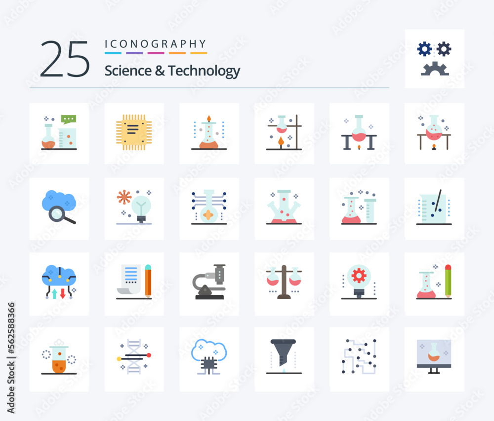 Science And Technology 25 Flat Color icon pack including cloud service. cloud computing. motherboard. science lab. science
