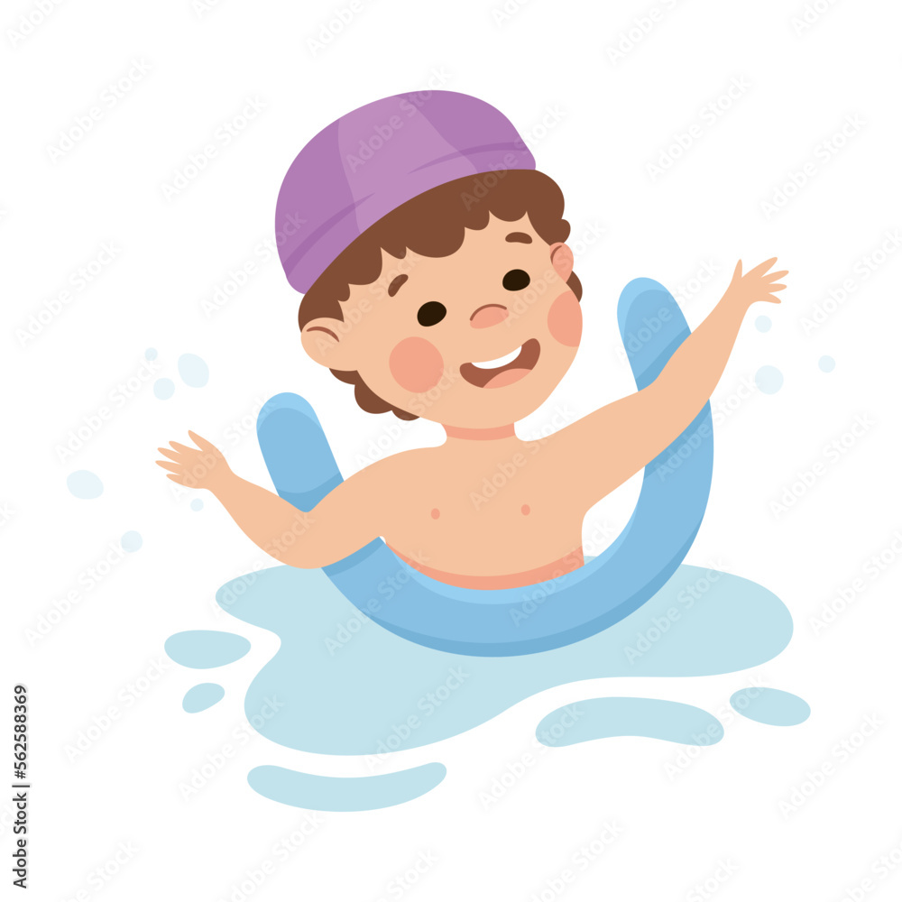 Happy Boy in Swimming Pool Wearing Cap Splashing in Water with Noodle Vector Illustration Happy Boy in Swimming Pool Wearing Cap Splashing in Water with Noodle Vector Illustration