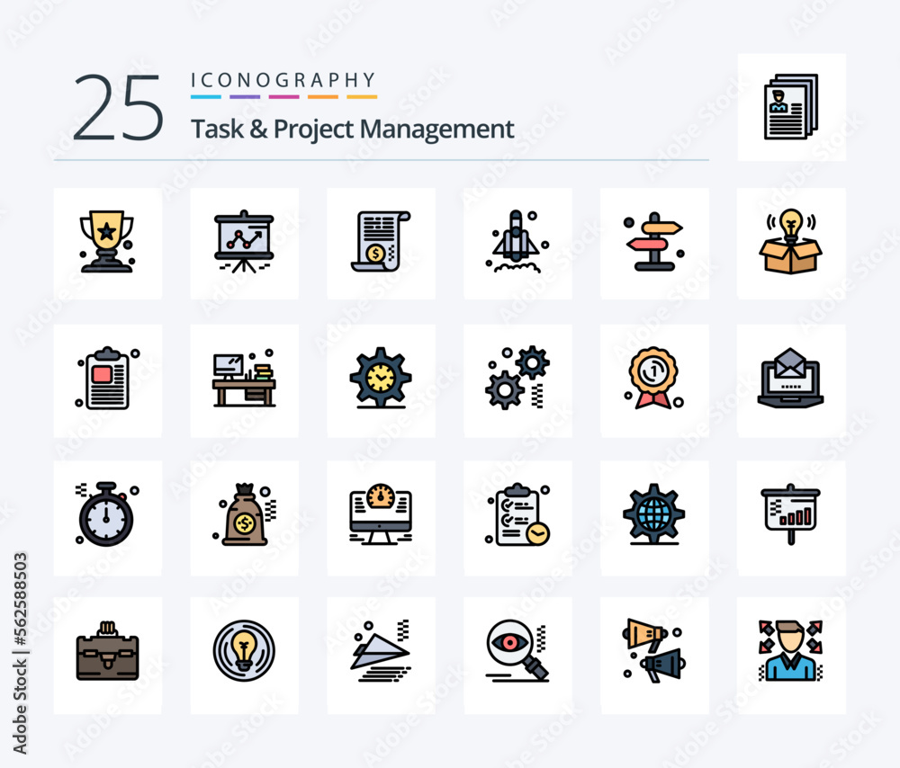 Task And Project Management 25 Line Filled icon pack including road. direction. attachment. board. rocket