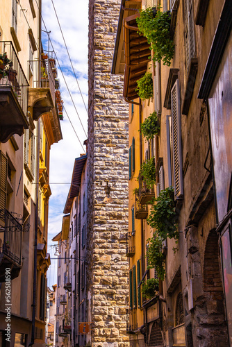 Street view of Bergamo old town, italian city northeast of Milan, in the Lombardy region . © pierrick
