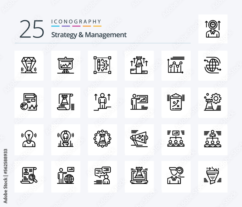 Strategy And Management 25 Line icon pack including chess. up. board. strategy. cog wheeld printer