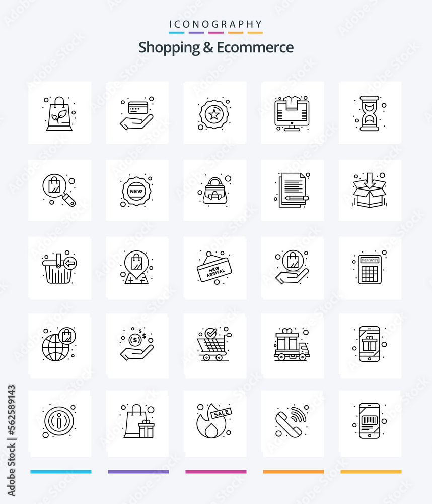 Creative Shopping & Ecommerce 25 OutLine icon pack  Such As time. hour. premium. glass. store