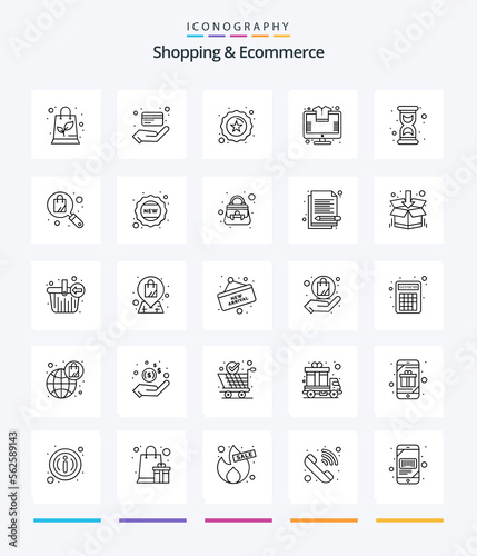 Creative Shopping & Ecommerce 25 OutLine icon pack Such As time. hour. premium. glass. store
