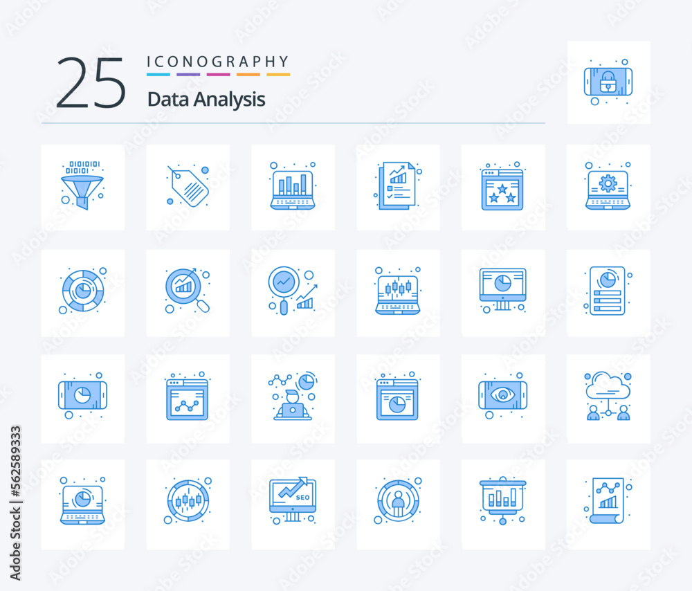 Data Analysis 25 Blue Color icon pack including web. page. computer. chart. digital