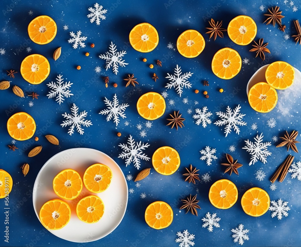 orange blue background with snowflakes and balls orange blue background with snowflakes and balls