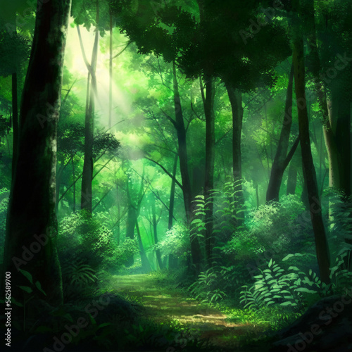 Colorful image of the forest in the anime style. High quality illustration