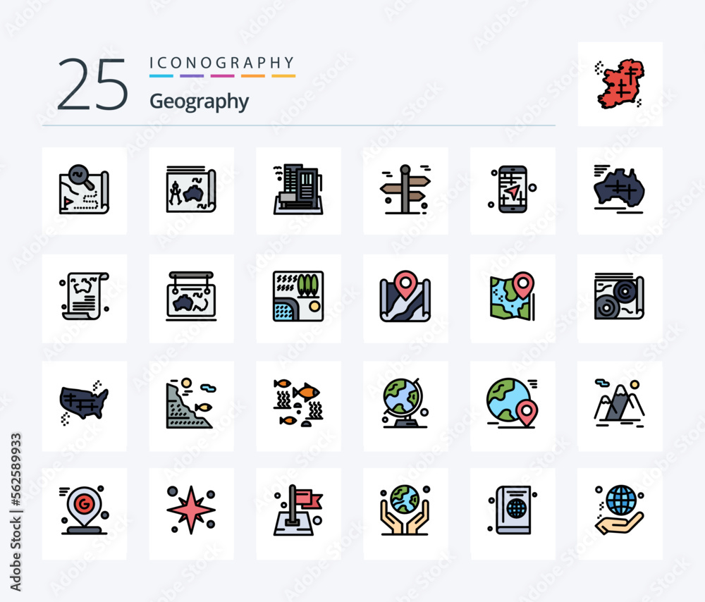 Geo Graphy 25 Line Filled icon pack including travel. navigation. book. appartment. city