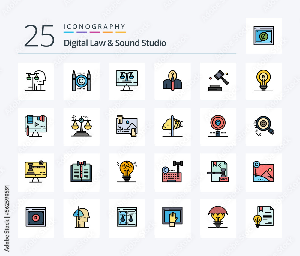 Digital Law And Sound Studio 25 Line Filled icon pack including creative. author. digital. artist. screen