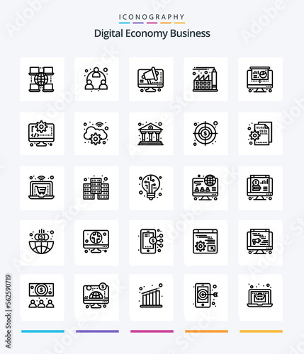 Creative Digital Economy Business 25 OutLine icon pack Such As computer. projector. conference. computer. factory