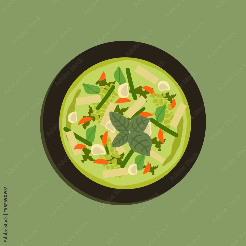 Food illustration, Traditional green curry chicken cuisine asian food, Chicken green curry Thai food on soup bowl with ingredient vegetable herbs and spices pepper chili. Top view on plate for poster Food illustration, Traditional green curry chicken cuisine asian food, Chicken green curry Thai food on soup bowl with ingredient vegetable herbs and spices pepper chili. Top view on plate for poster