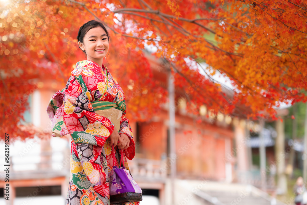 Japanese tourist girl in red Kimono traditional dress walking in walking street at Gion Temple area