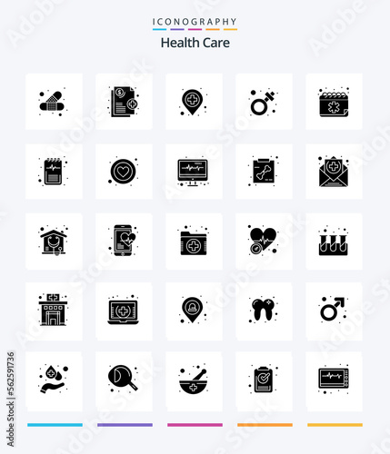 Creative Health Care 25 Glyph Solid Black icon pack Such As appointment.. ambulance. symbol. female