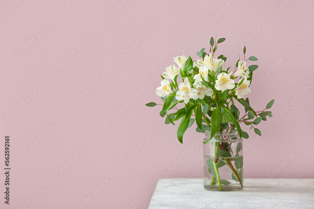 Glass vase with beautiful alstroemeria flowers on table against color wall