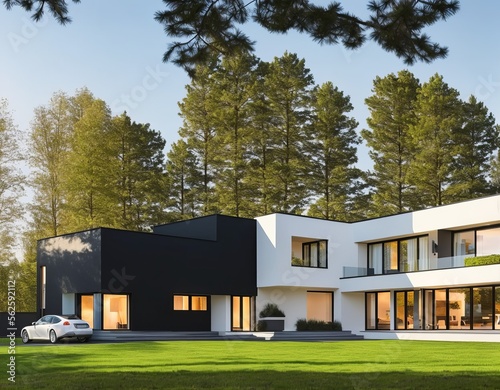 Evening view of a luxurious modern house, holiday home that can be rented. Architecture seems nordic.