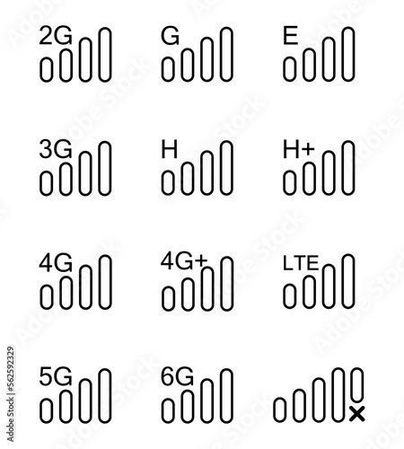 Network icon in black and white blank stroke. Phone network signal icon, in black and white fill style. Phone interface bar. mobile network 5g, 4g, 3g 2g, signal. No network vector.