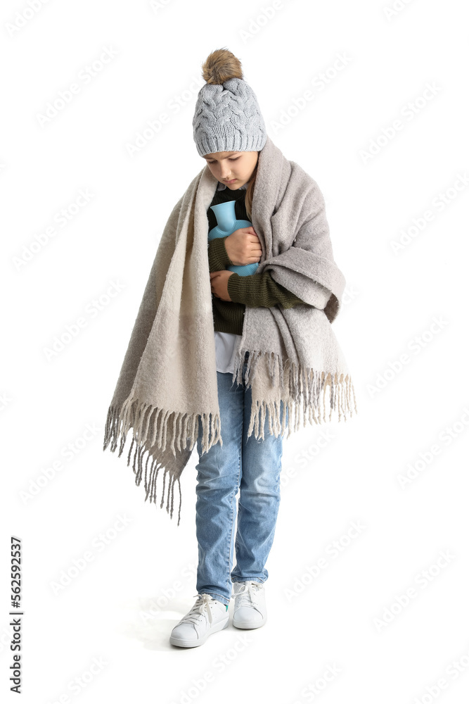 Ill girl with hot water bottle and plaid on white background Ill girl with hot water bottle and plaid on white background