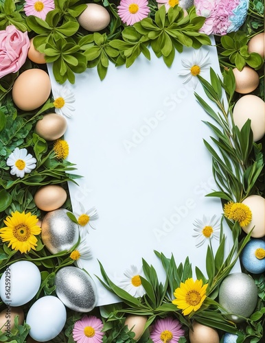 festive easter decoration on blue background  top view