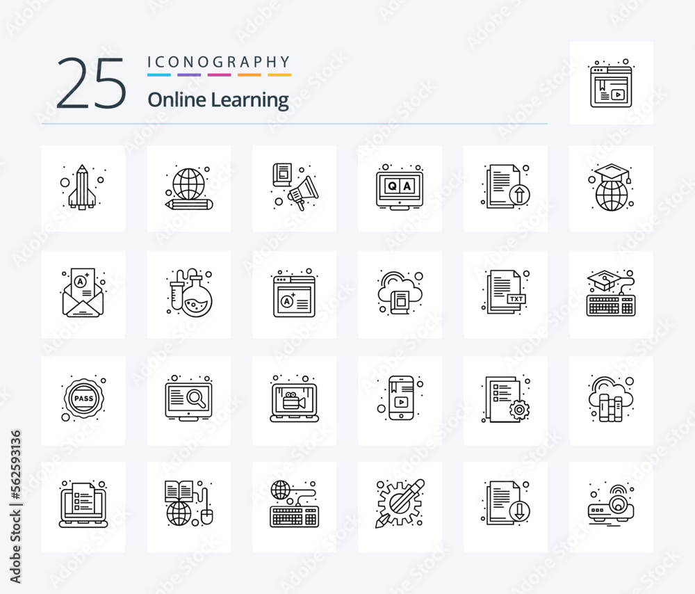 Online Learning 25 Line icon pack including documents. online. knowledge. education. online