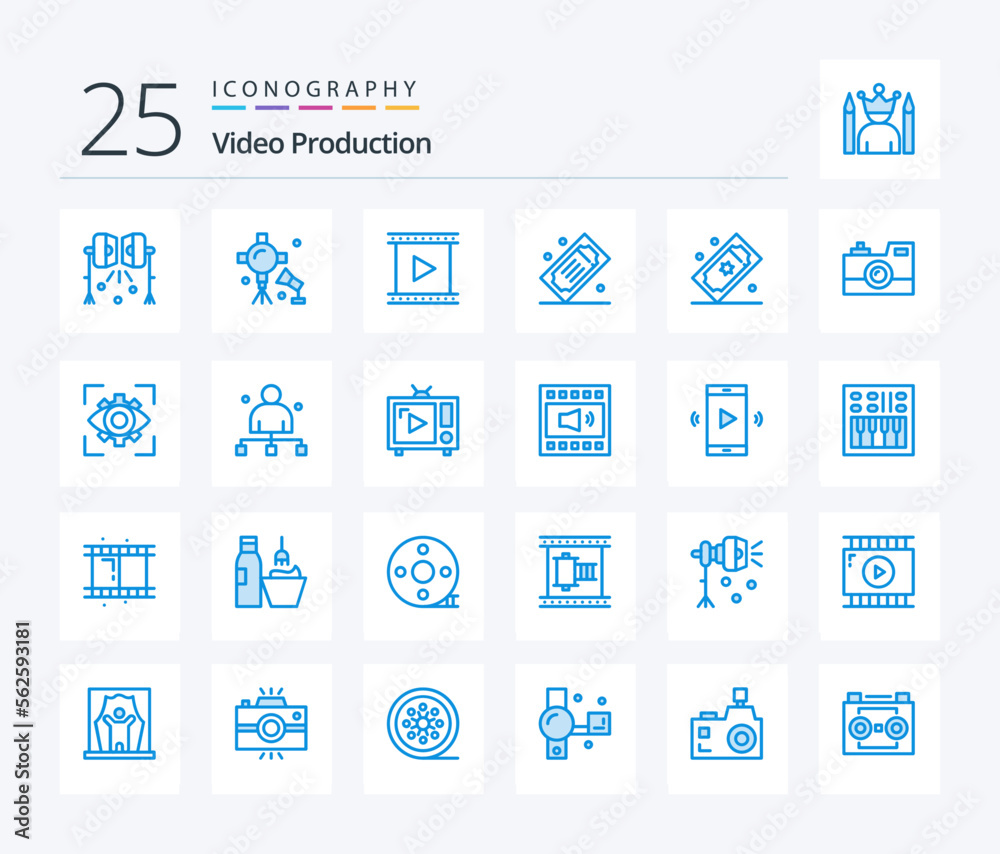 Video Production 25 Blue Color icon pack including photography. antique camera. movie. tickets. movie tickets