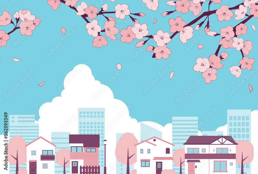 背景素材_街並み_桜_入道雲