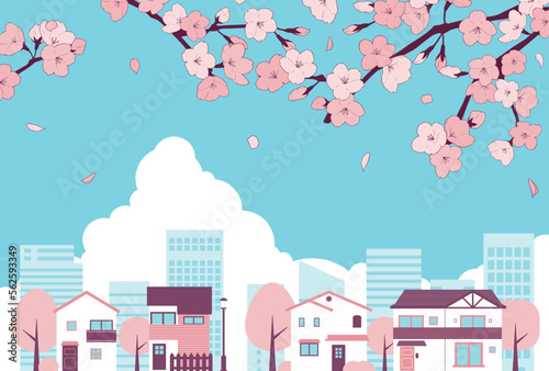 背景素材_街並み_桜_入道雲