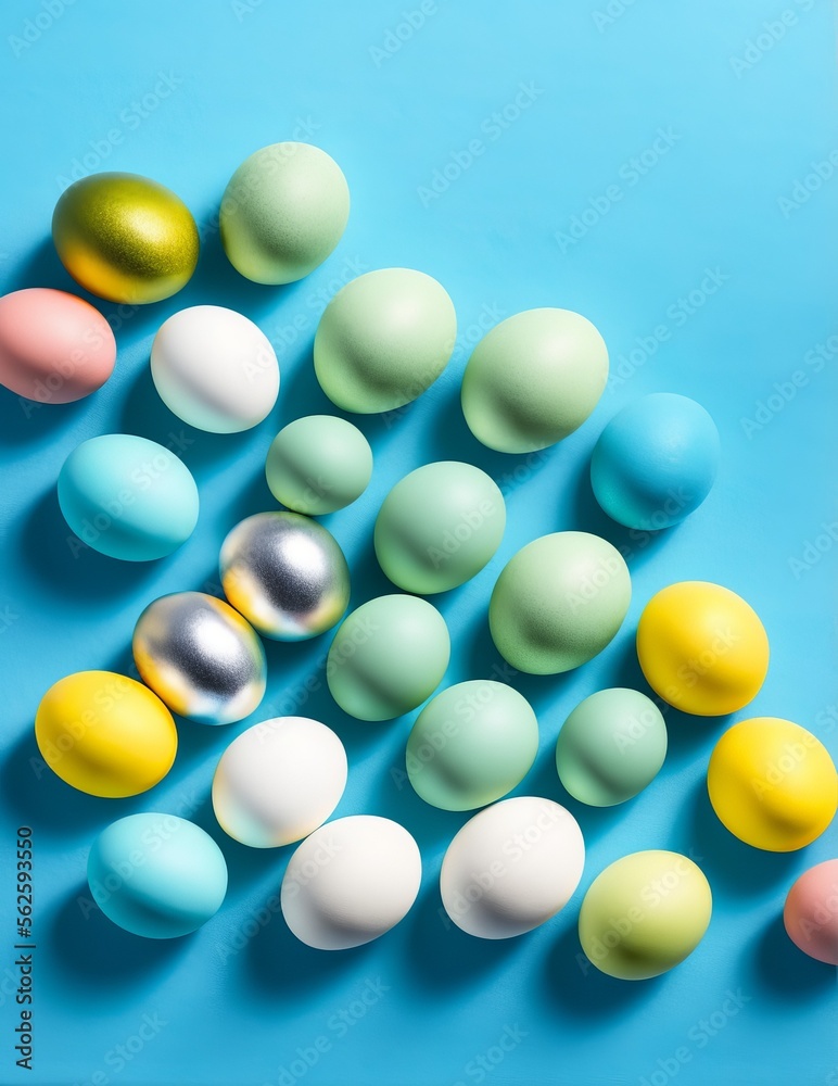 festive easter decoration on blue background, top view festive easter decoration on blue background, top view
