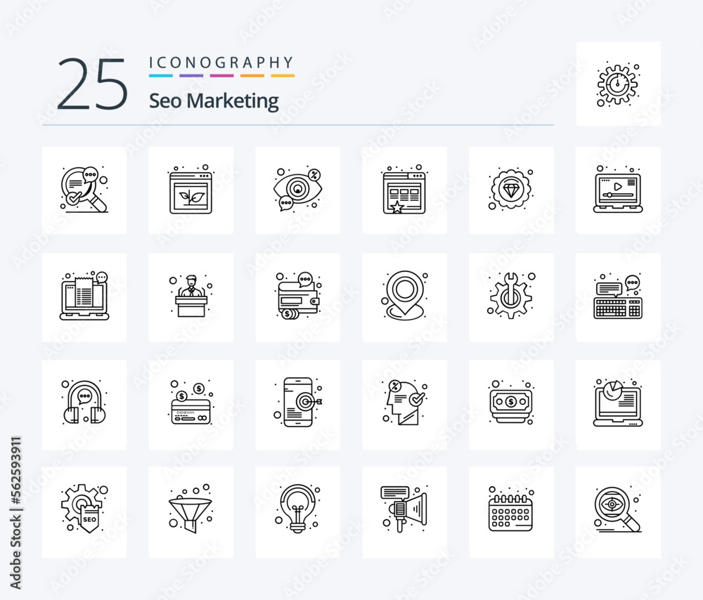Seo Marketing 25 Line icon pack including quality. marketing. eye. website. vision