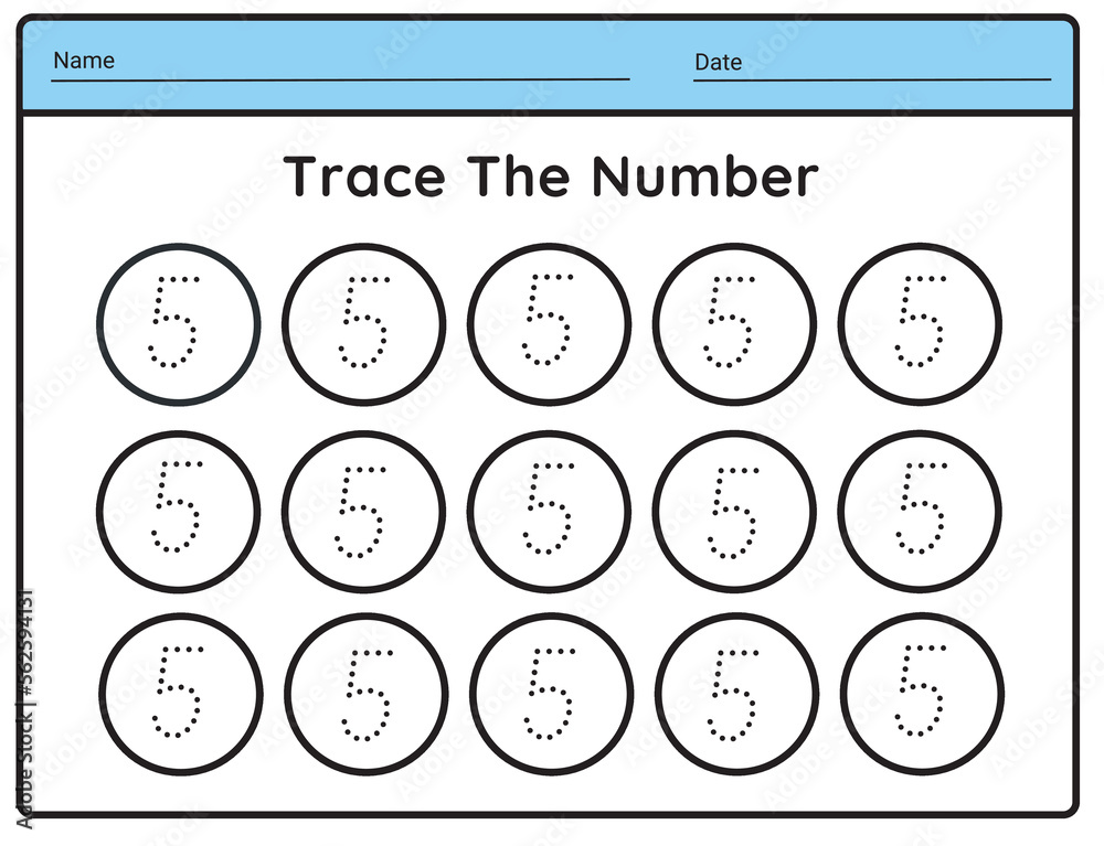Naklejka premium Number 5 tracing practice worksheet with all numbers for kids learning to count Worksheet. illustration vector