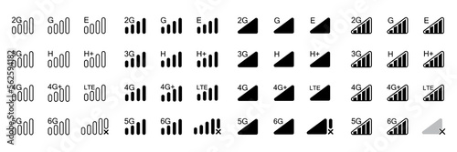 Network icon sets in four different styles. Phone network signal icon, in black and white fill style. Phone interface bar. mobile network 5g, 4g, 3g 2g, signal. No network vector.