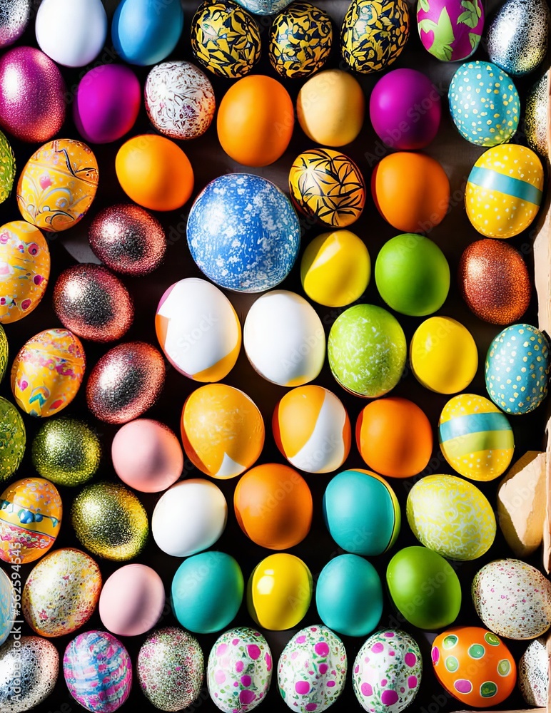 Fototapeta premium easter eggs in a basket on a wooden background, celebration, happy easter, painted, seasonal, festive, decoration
