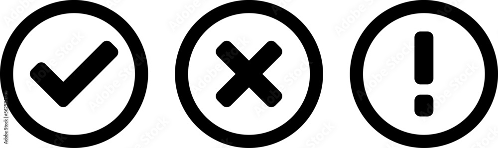 Black Yes or OK No or Declined Problem or Warning Flat Icon Set with Check Mark X Cross and Exclamation Mark Symbols in Circles. Vector Image. Black Yes or OK No or Declined Problem or Warning Flat Icon Set with Check Mark X Cross and Exclamation Mark Symbols in Circles. Vector Image.