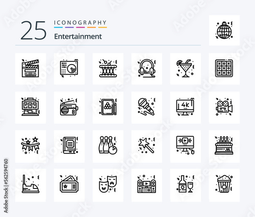 Entertainment 25 Line icon pack including audio. headphone. player. sound. multimedia