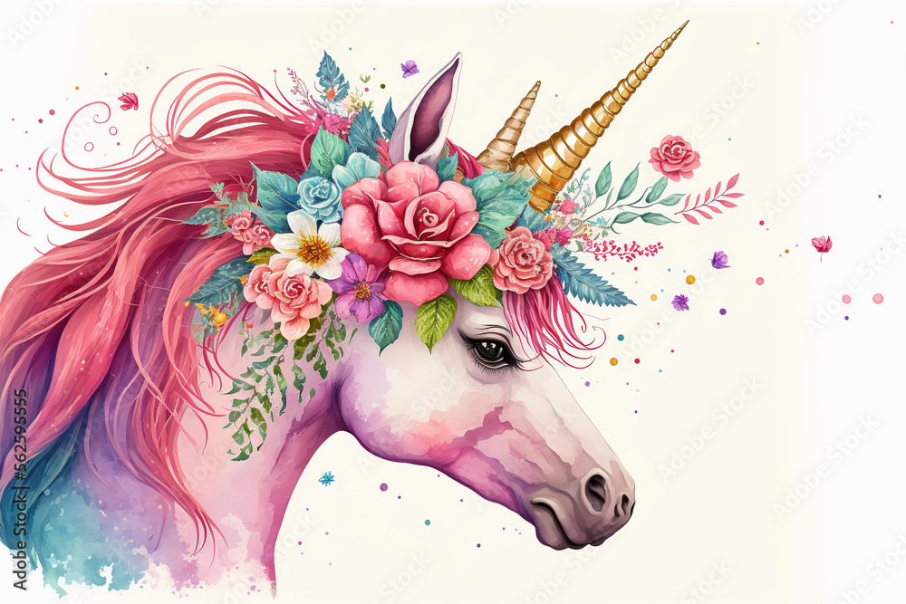 Shocking Pink Kawaii Unicorn Head with Many Various Colorful Beautiful Floral - Generated AI