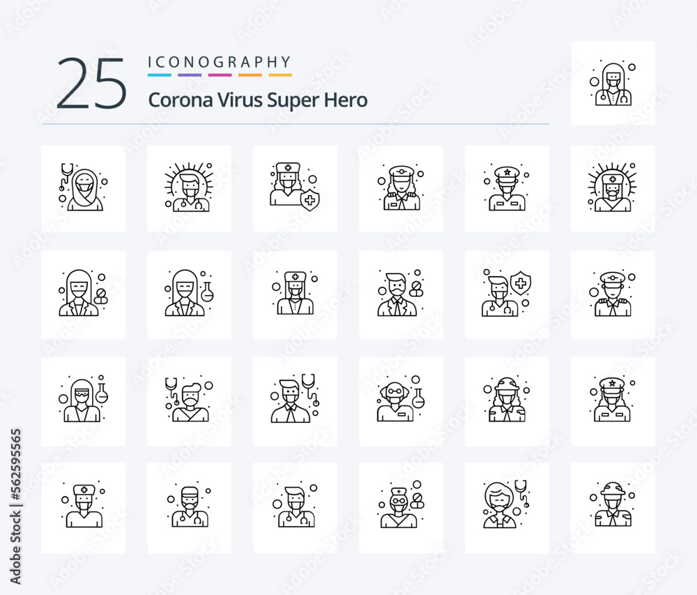 Corona Virus Super Hero 25 Line icon pack including officer. female. male. shield. medicine