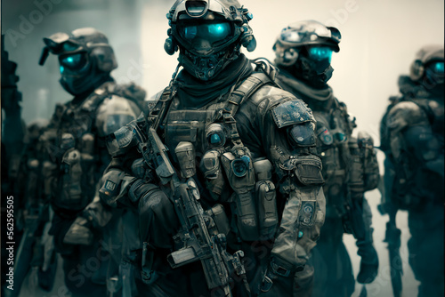 special forces until, undercover, full military people armor holding rifles, ready for battle, fighting, Generative AI