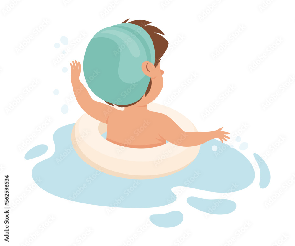 Happy Boy in Swimming Pool Wearing Cap Splashing in Water with Rubber Ring Back View Vector Illustration Happy Boy in Swimming Pool Wearing Cap Splashing in Water with Rubber Ring Back View Vector Illustration