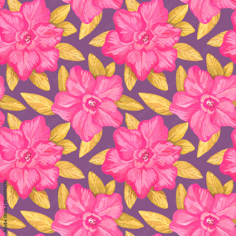 Seamless pattern with tropical flowers. Color illustration. Watercolor and gouache illustration. The print is used for Wallpaper design, fabric, textile, packaging.